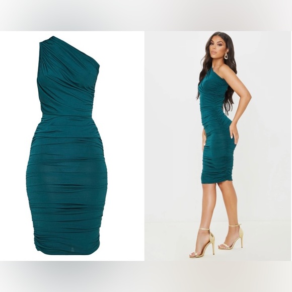 Emerald Green Slinky One Shoulder Ruched Longline MIDI Dress - Picture 2 of 3
